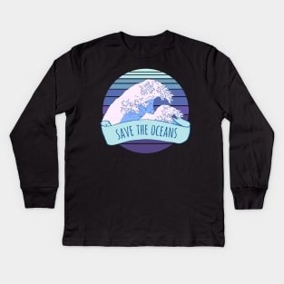 Aesthetic Save the oceans Wholesome Great Wave Kids Long Sleeve T-Shirt